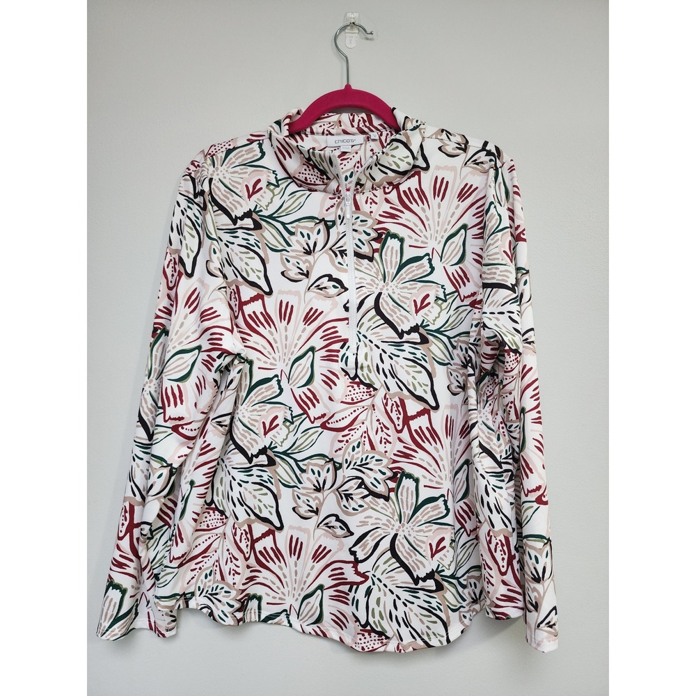 Chicos Size 3 Floral Quarter Zip Pullover‎ Top Womens XL/16 White Red Green Golf